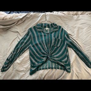 Selfie Green, White, and Black Striped Tied Button Up